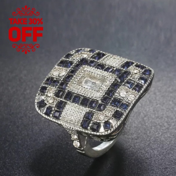 Blue Sapphire w/Topaz Art Deco Ring - Picture 4 of 11